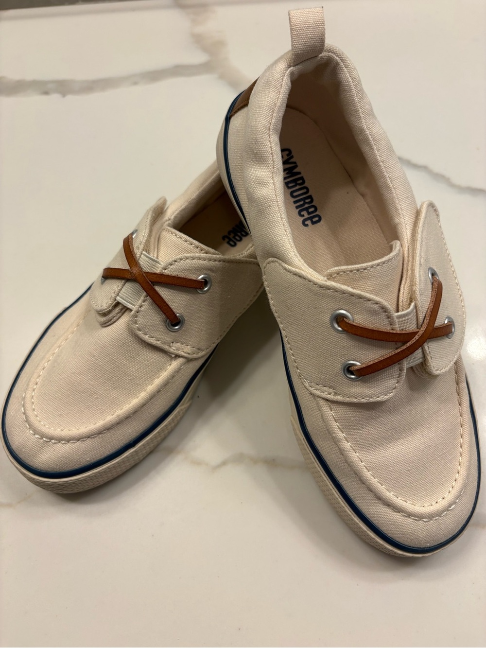 Kids Cream Canvas Boat Shoes with Velcro